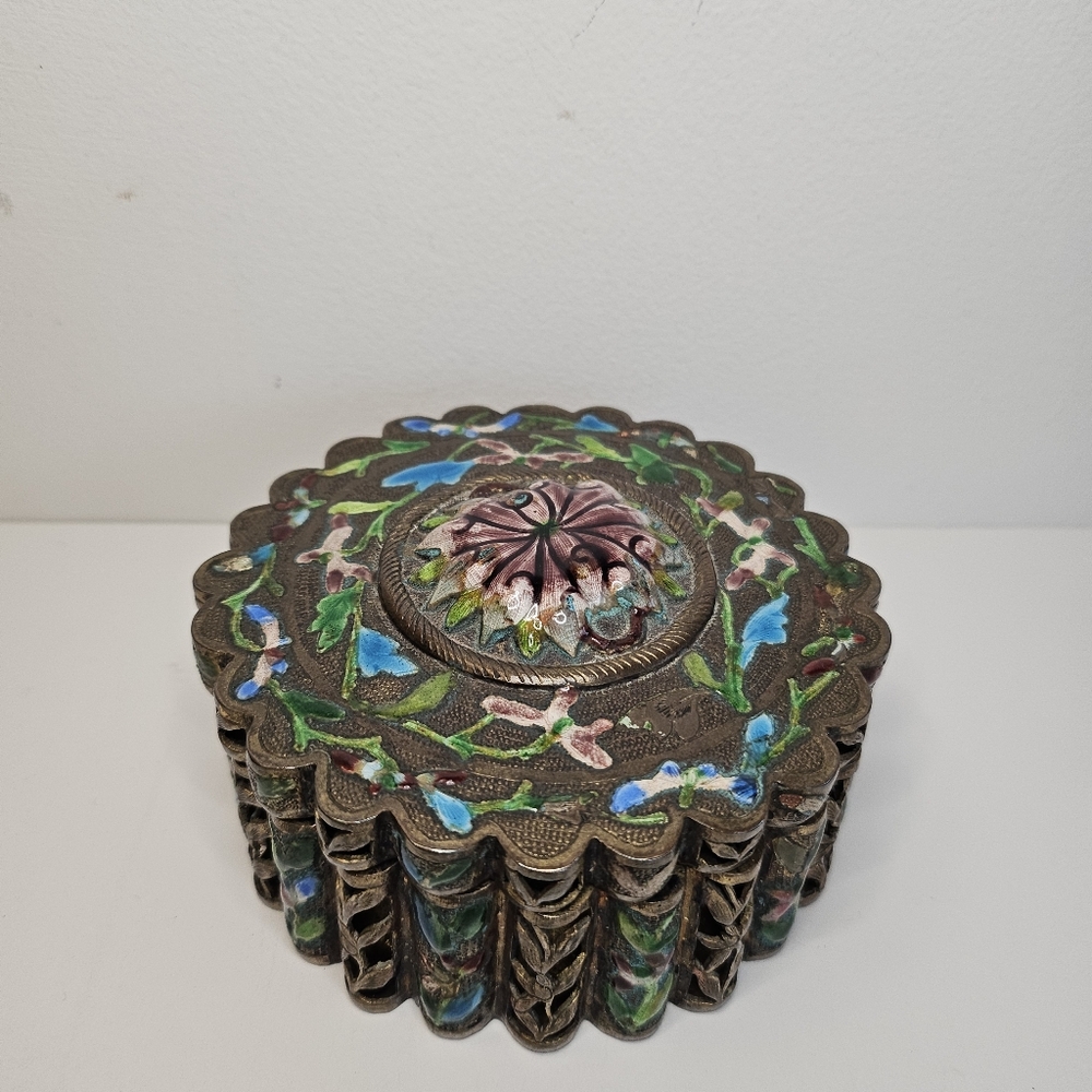 Enamel Reticulated Brass Lidded Trinket Box Mirror Vintage Cloisonne